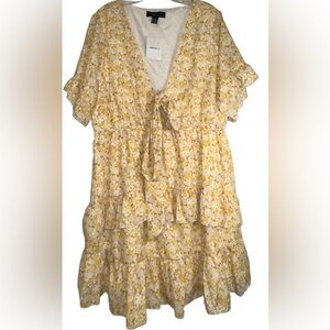 Forever 21 Plus Size Yellow Floral Woven Dress Sheer Front Tie Size 3X NWT